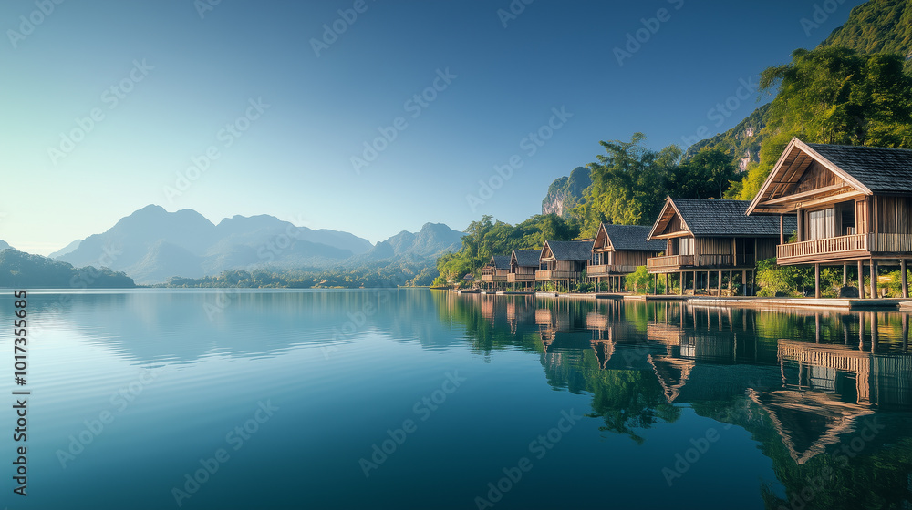 The atmosphere of the riverside landscape is a clear sky, reflections on the water, and tall mountains. generative ai image. The atmosphere of the riverside landscape is a clear sky, reflections on the water, and tall mountains. generative ai image.