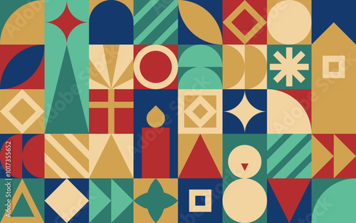 Christmas and New Year Geometric Design Template. Different Shapes Festive Banner.