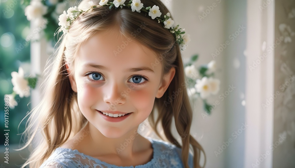 Young smiling Caucasian girl child in a blue bridesmaids dress Young smiling Caucasian girl child in a blue bridesmaids dress
