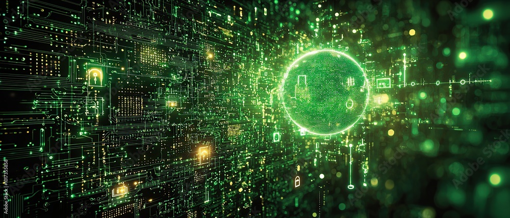 Obraz premium Futuristic abstract background with green glowing circuit board and a glowing sphere.