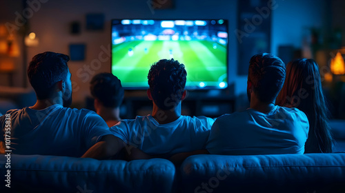 Friends watching a sports game on television in a cozy living room.