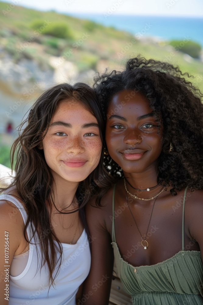 Two friends smiling and looking at the camera. AI. Two friends smiling and looking at the camera. AI.