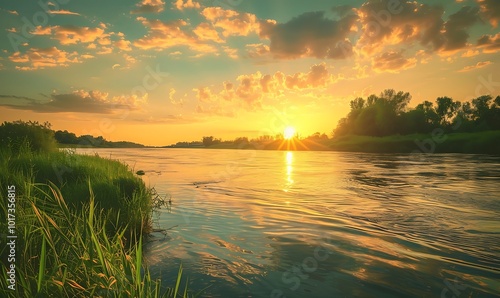 Fototapeta Naklejka Na Ścianę i Meble -  Sunset at the river coast. Sunset on the beach of the Baltic Sea