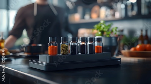 Fototapeta Naklejka Na Ścianę i Meble -  Futuristic digital spice rack with advanced holographic cooking assistant designed for the smart and automated kitchen of the future  This innovative appliance seamlessly integrates technology