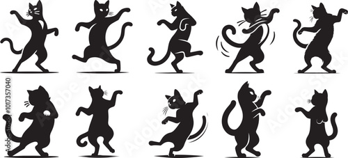 A cat silhouette doing the cha cha, paws in mid sway vector style shape solid white background