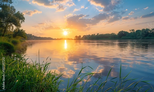 Fototapeta Naklejka Na Ścianę i Meble -  Sunset at the river coast. Sunset on the beach of the Baltic Sea