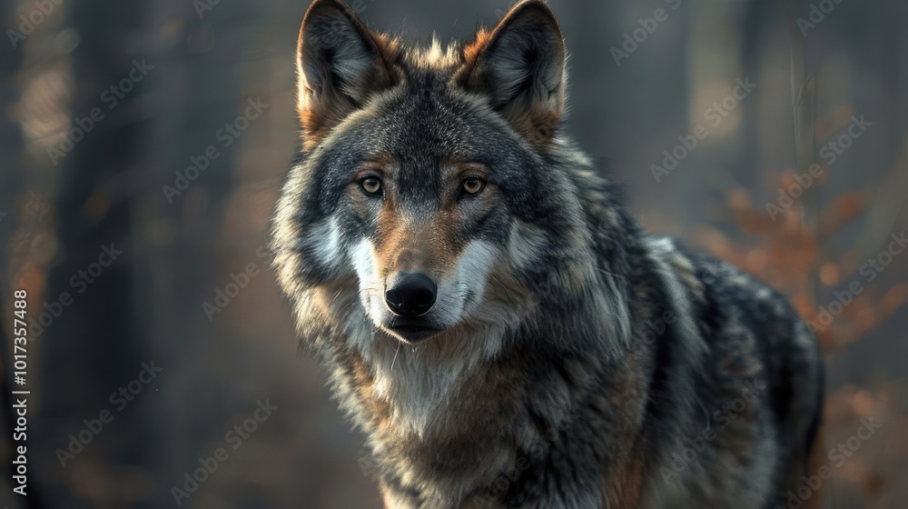 a wolf standing in a forest looking at the camera a wolf standing in a forest looking at the camera