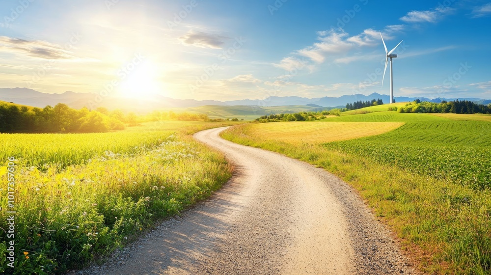 Scenic Rural Road Through Lush Farmland at Sunset Scenic Rural Road Through Lush Farmland at Sunset