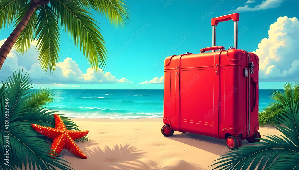 Fototapeta premium red suitcas beach tropical palm