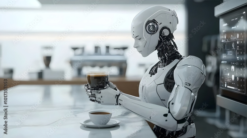 Robotic barista operating in a futuristic caf using advanced technology to prepare coffee drinks with seamless digital order and service system Robotic barista operating in a futuristic caf using advanced technology to prepare coffee drinks with seamless digital order and service system