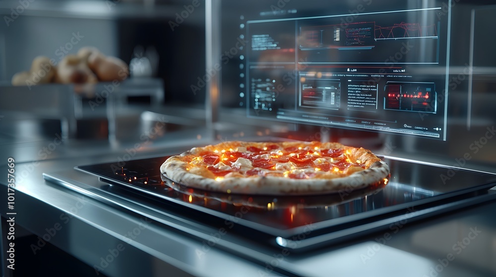 Cutting edge AI controlled pizza oven featuring a glowing digital interface and sleek modern design for the ultimate in culinary technology and convenience in a sophisticated kitchen setting Cutting edge AI controlled pizza oven featuring a glowing digital interface and sleek modern design for the ultimate in culinary technology and convenience in a sophisticated kitchen setting