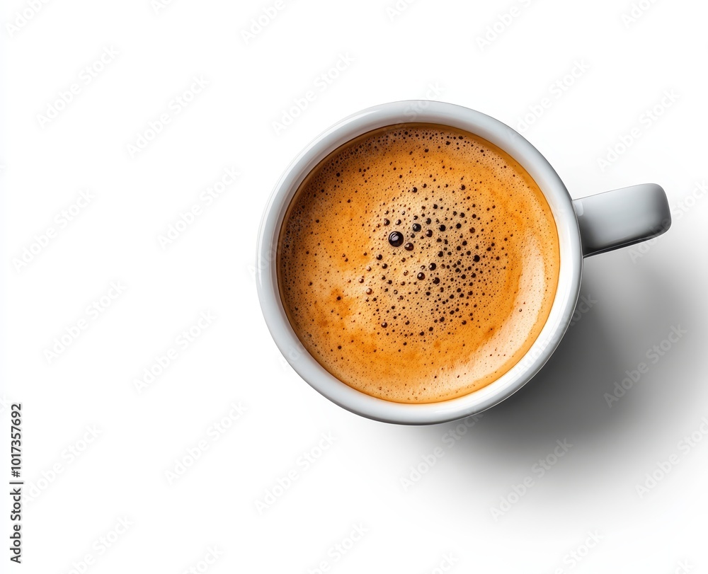 Top view of a white cup of coffee with crema on a white background. Top view of a white cup of coffee with crema on a white background.