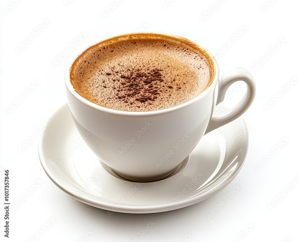 Closeup of a cup of coffee with foam and cinnamon on top, in a white cup and saucer, isolated on a white background. Closeup of a cup of coffee with foam and cinnamon on top, in a white cup and saucer, isolated on a white background.