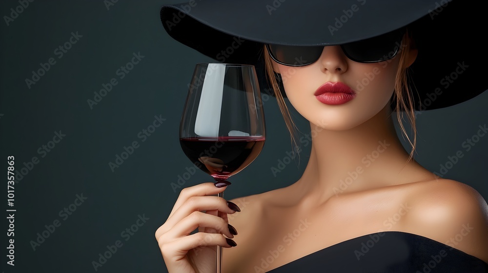 Alluring woman in a sleek black dress and hat her face concealed savoring a glass of rich red wine against a dark moody background with a cybernetic split complementary color tone Alluring woman in a sleek black dress and hat her face concealed savoring a glass of rich red wine against a dark moody background with a cybernetic split complementary color tone