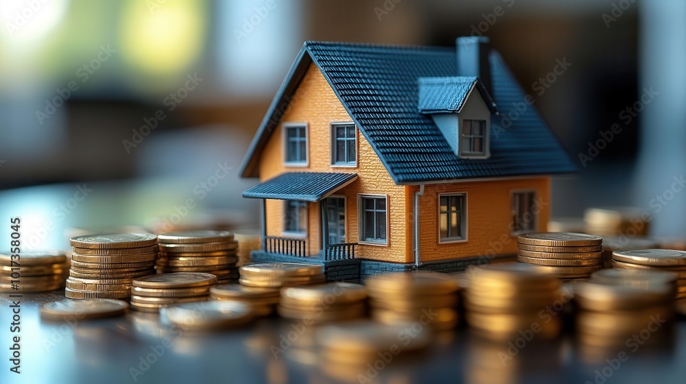 a small model house surrounded by stacks of coins symbolizing real estate investment and the buying and selling of homes emphasizing financial growth and stability a small model house surrounded by stacks of coins symbolizing real estate investment and the buying and selling of homes emphasizing financial growth and stability