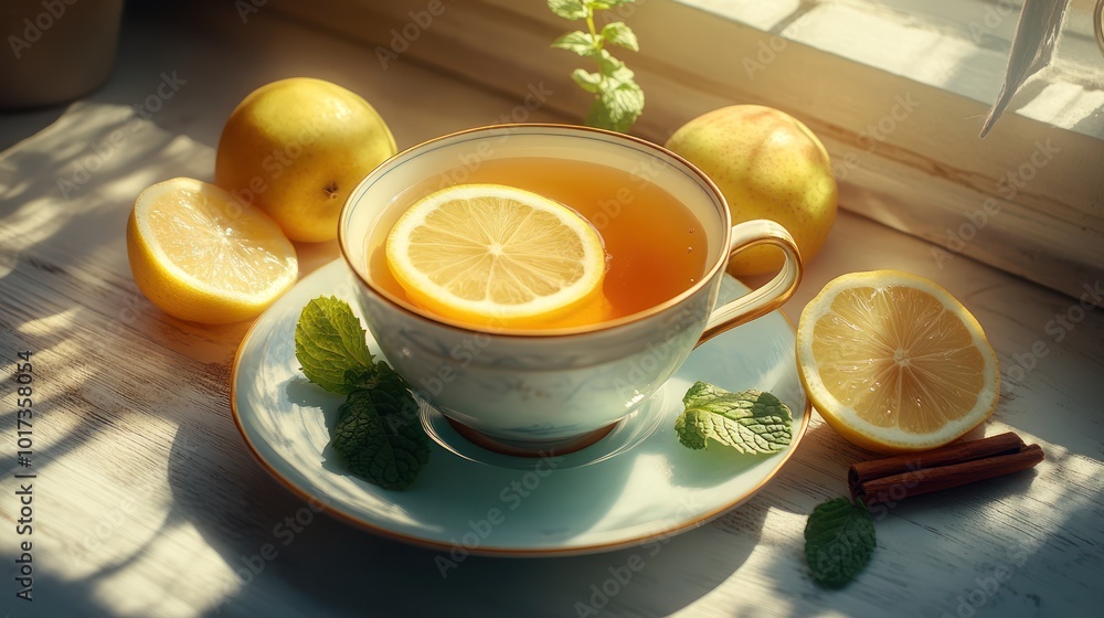A cup of tea with lemon and mint on a window sill. A cup of tea with lemon and mint on a window sill.