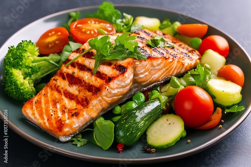 Minimalist depiction of a plate of grilled salmon and vegetables, symbolizing a balanced meal for sustained energy