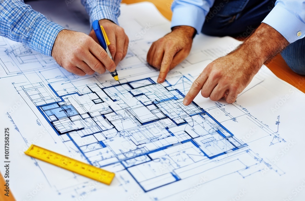A photo of two people, one holding blueprints and the other pointing at them with their finger on top, with building plans spread out in front showing an apartment floor plan. A photo of two people, one holding blueprints and the other pointing at them with their finger on top, with building plans spread out in front showing an apartment floor plan.