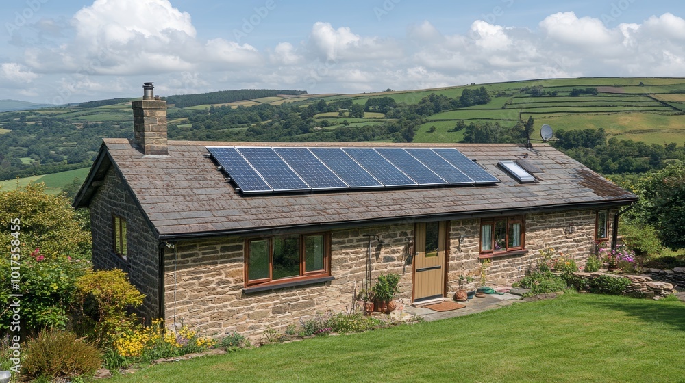 Serene Rural Home with Solar Panels in Scenic Landscape Serene Rural Home with Solar Panels in Scenic Landscape