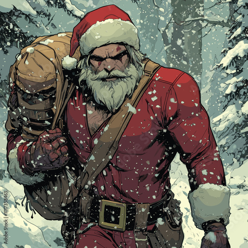 Rugged Santa Claus in a snowy forest carrying a sack of presents, dressed in a red suit, exuding strength and determination, perfect for action-themed holiday designs