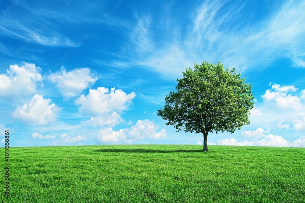 Obraz premium A single tree standing tall in a green field under a blue sky with fluffy white clouds.