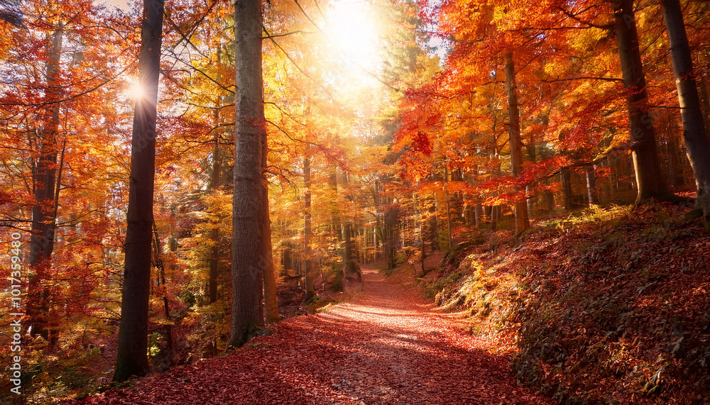 Fototapeta premium Enchanting Autumn Path Peaceful Forest Walk Amidst Fiery Fall Colors