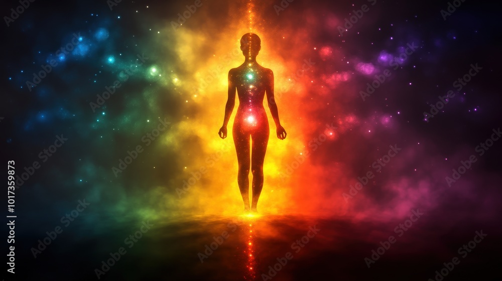 Naklejka premium Silhouette Of A Human Figure With Glowing Chakras In A Radiant Cosmic Aura Depicting Spiritual Energy And Inner Alignment