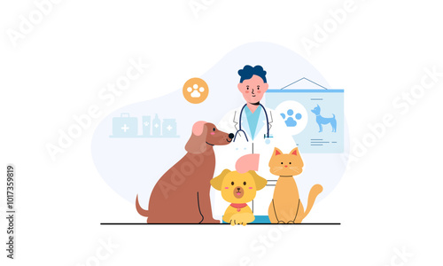 Pet veterinarian concept. Veterinary doctor checking and treating illustration