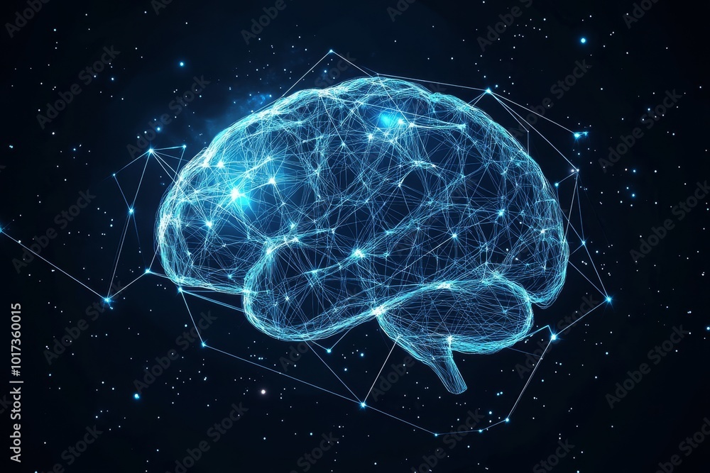 Abstract human brain illustration with glowing blue lines and nodes, against a dark starry background. Abstract human brain illustration with glowing blue lines and nodes, against a dark starry background.