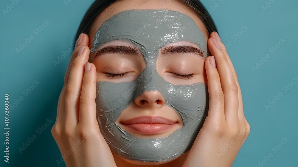 Relaxed woman receiving a soft application of a grey clay facial mask by a skilled cosmetologist depicting a self care and beauty treatment session with a robotic triadic color scheme Relaxed woman receiving a soft application of a grey clay facial mask by a skilled cosmetologist depicting a self care and beauty treatment session with a robotic triadic color scheme