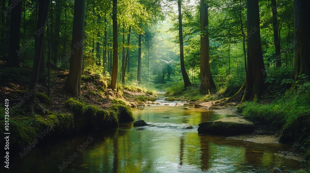 A tranquil stream flows through a lush green forest, sunlight filtering through the trees creating a magical atmosphere. A tranquil stream flows through a lush green forest, sunlight filtering through the trees creating a magical atmosphere.