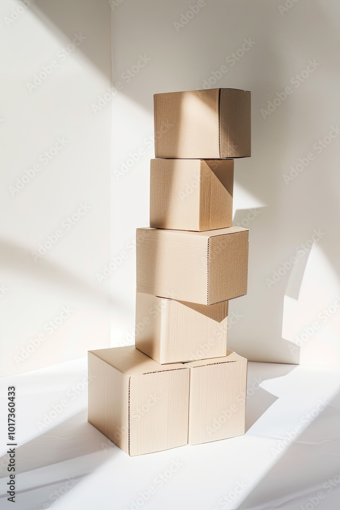Obraz premium Six small cardboard boxes, perfectly stacked on white, smooth surfaces, clean edges, soft overhead shadows.