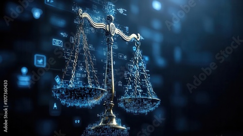 ai regulations concept visualized as digital icons and symbols surrounding a scale of justice highlighting the balance of technology and ethics in modern governance photo