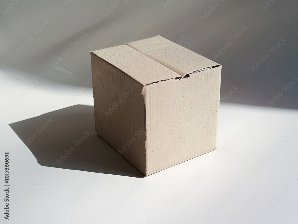 Small, slightly damaged cardboard box, angled on matte white background, subtle left light, soft shadows. Small, slightly damaged cardboard box, angled on matte white background, subtle left light, soft shadows.