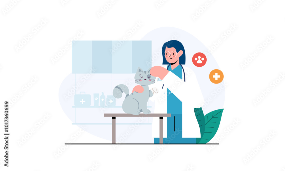 Pet veterinarian concept. Veterinary doctor checking and treating illustration Pet veterinarian concept. Veterinary doctor checking and treating illustration