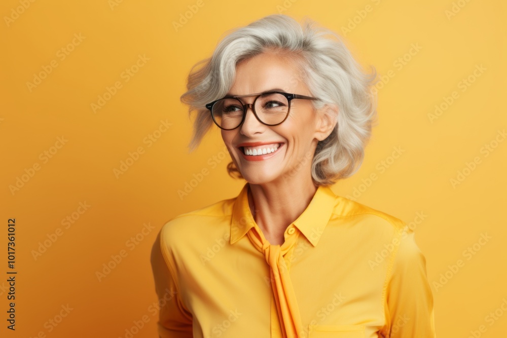 smiling senior woman in eyeglasses looking at camera on yellow background smiling senior woman in eyeglasses looking at camera on yellow background