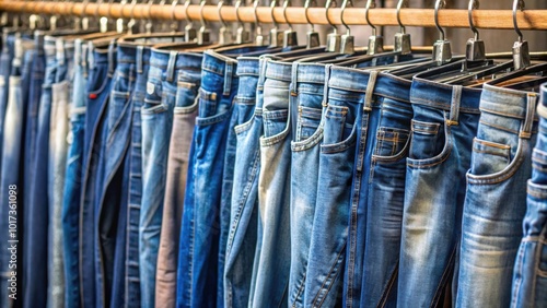 Many models of jeans from different denim, texture, color hang on hangers , jeans, denim, fashion, clothing, style, textures photo