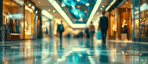 Blurred background of a luxury shopping mall with people walking, a shopping center interior with showcases and an entrance door in blurred motion. 