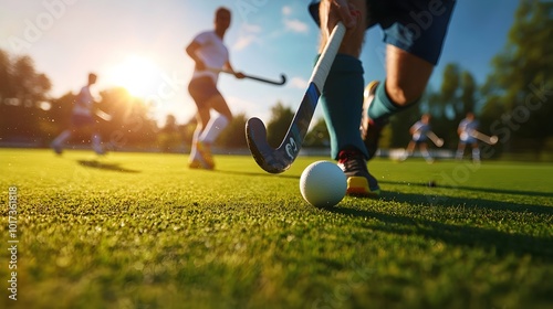 Dynamic field hockey players chasing the ball on a bright green sports field with intense focus and fast paced action as the sun casts long shadows across the playing surface