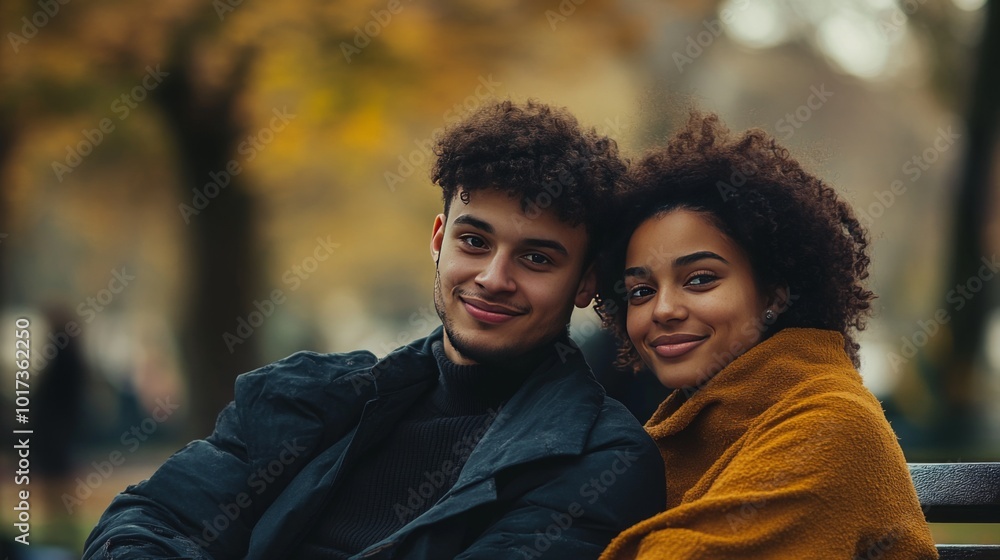 A young couple smiles at the camera while sitting on a bench in a park. A young couple smiles at the camera while sitting on a bench in a park.
