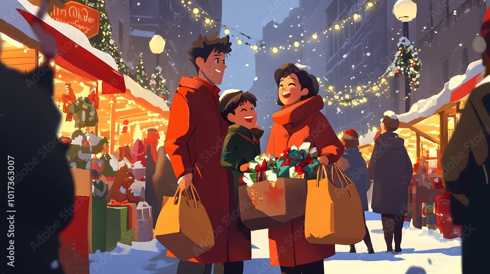A family standing outside a festive holiday market, bundled in coats and holding bags filled with gifts A family standing outside a festive holiday market, bundled in coats and holding bags filled with gifts