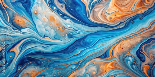 Abstract blue and peach marbled artwork with flowing patterns and textures created using liquid painting techniques, marbled