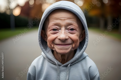 happy 10 year old little boy with Progeria disease, wearing a blank hoodie, isolated, sick,  smiling, resilient, brave, youthful, unique, rare, bald, fragile, thin, strong, courageous, innocent, hope