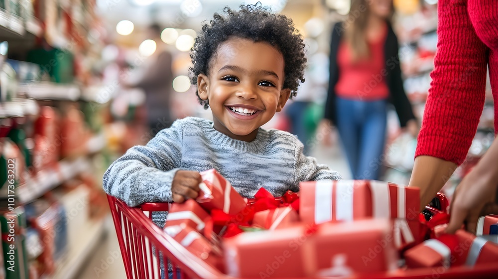 A child sitting in a shopping cart filled with holiday gifts, while parents push through a busy store aisle A child sitting in a shopping cart filled with holiday gifts, while parents push through a busy store aisle