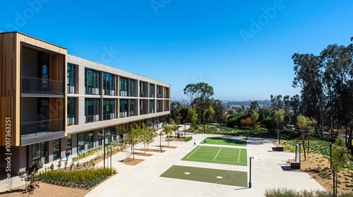 Modern Apartment Building with Tennis Court and Landscaped Courtyard