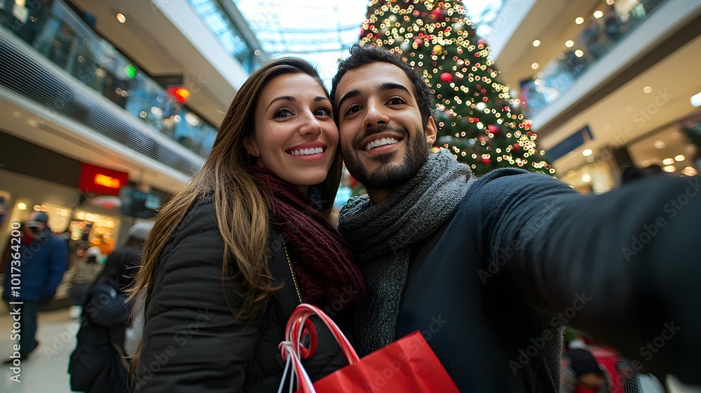 Obraz premium A couple taking a selfie in front of a large Christmas tree in a bustling shopping center, holding bags