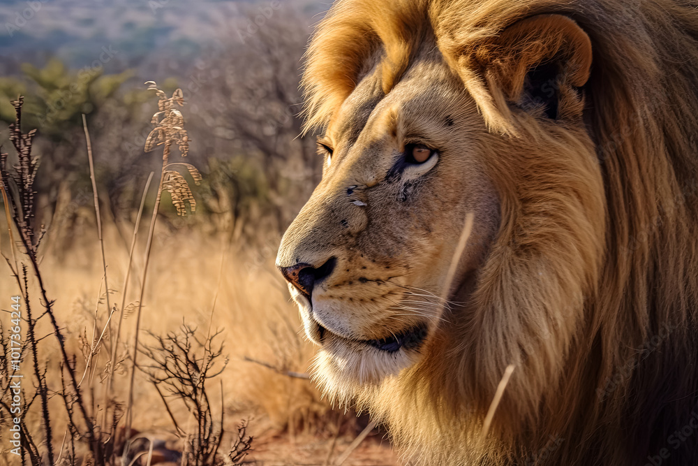 Obraz premium Lion is standing in the grass with its head held high.