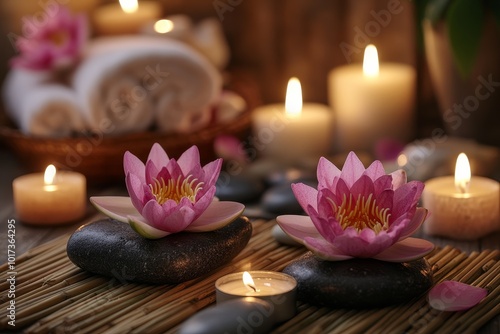 Spa setting with pink water lilies, black stones, and candles on a wooden surface.