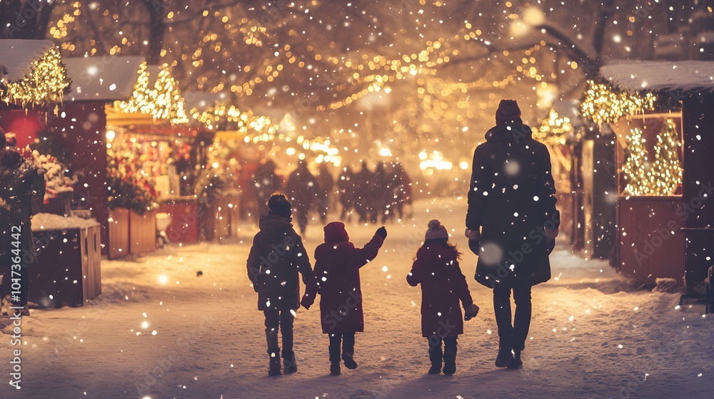 A family walking through a snow-covered holiday market, with children pointing excitedly at the festive displays A family walking through a snow-covered holiday market, with children pointing excitedly at the festive displays