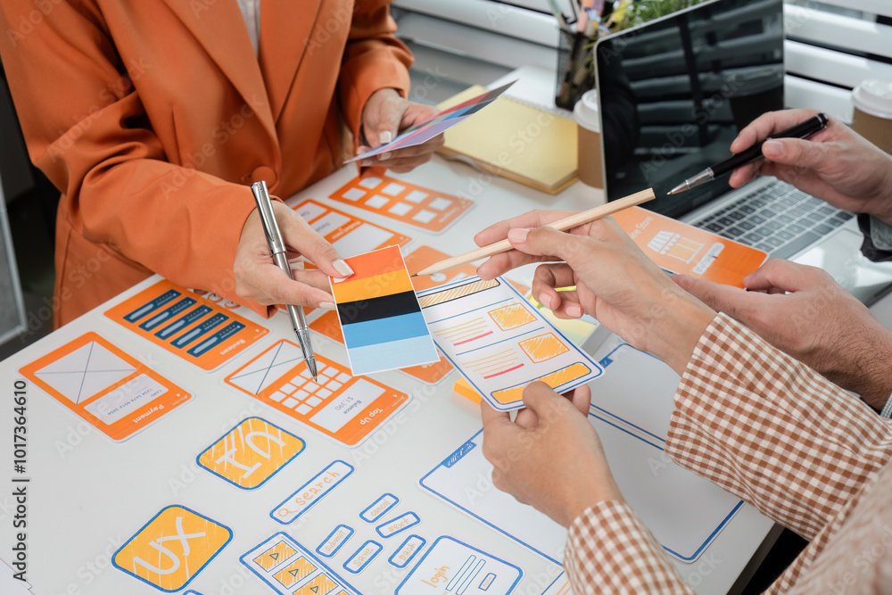 Creative Team Collaborates on UX UI Design Concepts with Wireframes and ...